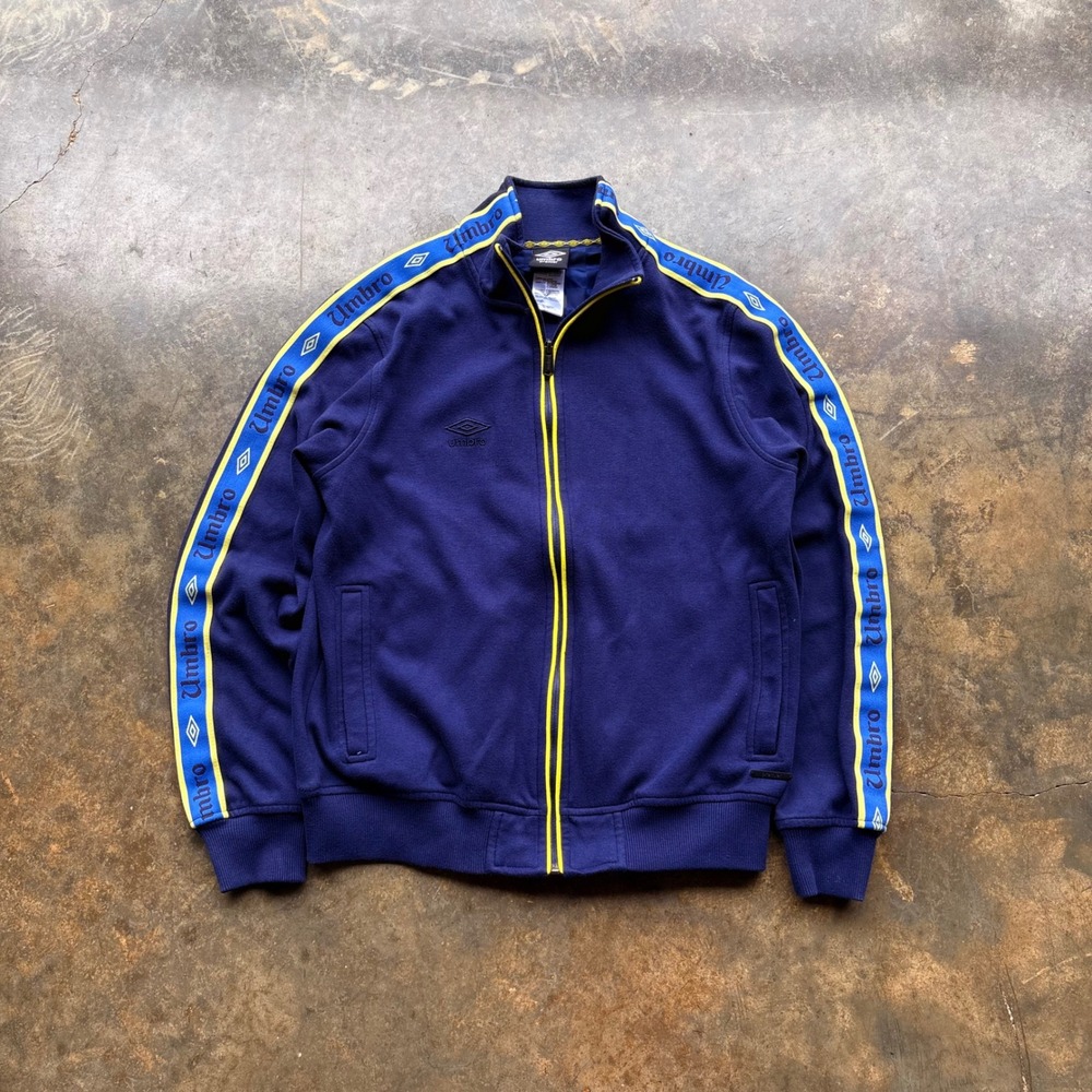 Umbro Premier Mens Track Jacket Navy Blue Yellow Logo Tape Full Zip Medium
